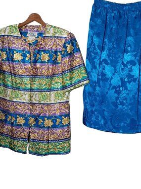 Vintage wLady Carol Of New York Skirt Shirt Set 10 Blue Gold Button Floral Shimm